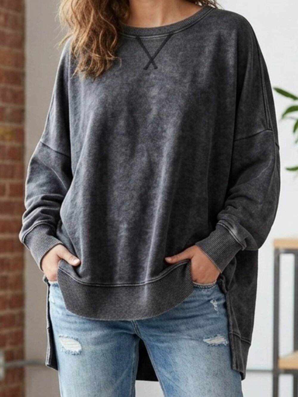 Aerie Big Chill Oversized Distressed Sweatshirt Charcoal Grey Crewneck Size M